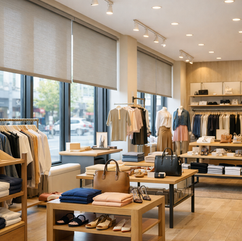 Custom window shades by Nielsen Blinds, Shutters & Shades in a retail boutique with natural light