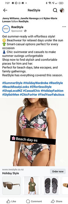 Screenshot of a Facebook ad for ReeStyle showing a woman wearing swimwear