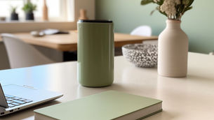 Laptop, notebook, coffee cup and vase sitting on a home office desk