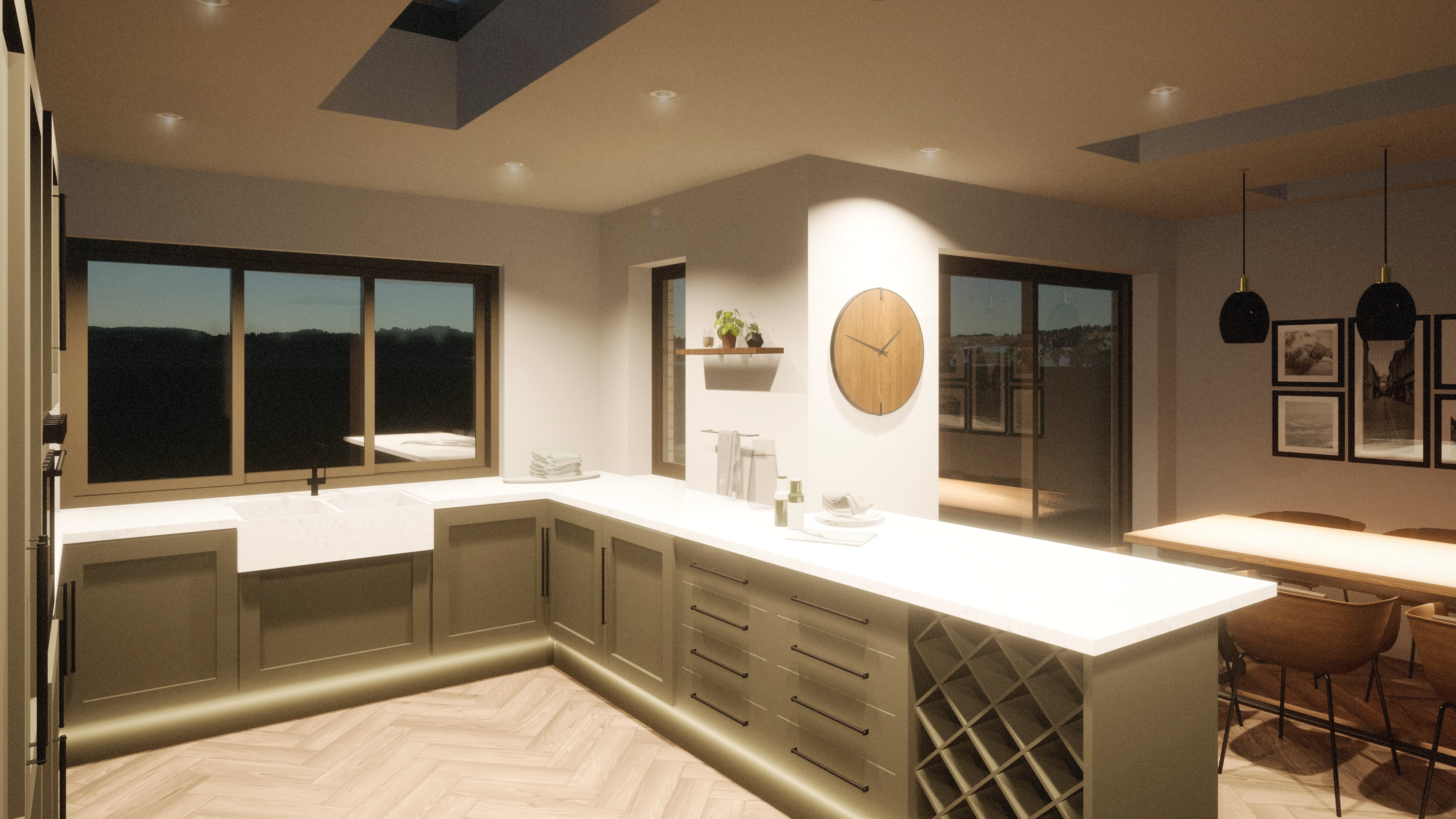 Arch/FORM — 3D Render - Kitchen Extension with Roof Light, Sliding Doors and Windows Open Plan Kitchen and Dining - House Extension and Remodel, Loughborough, Lei