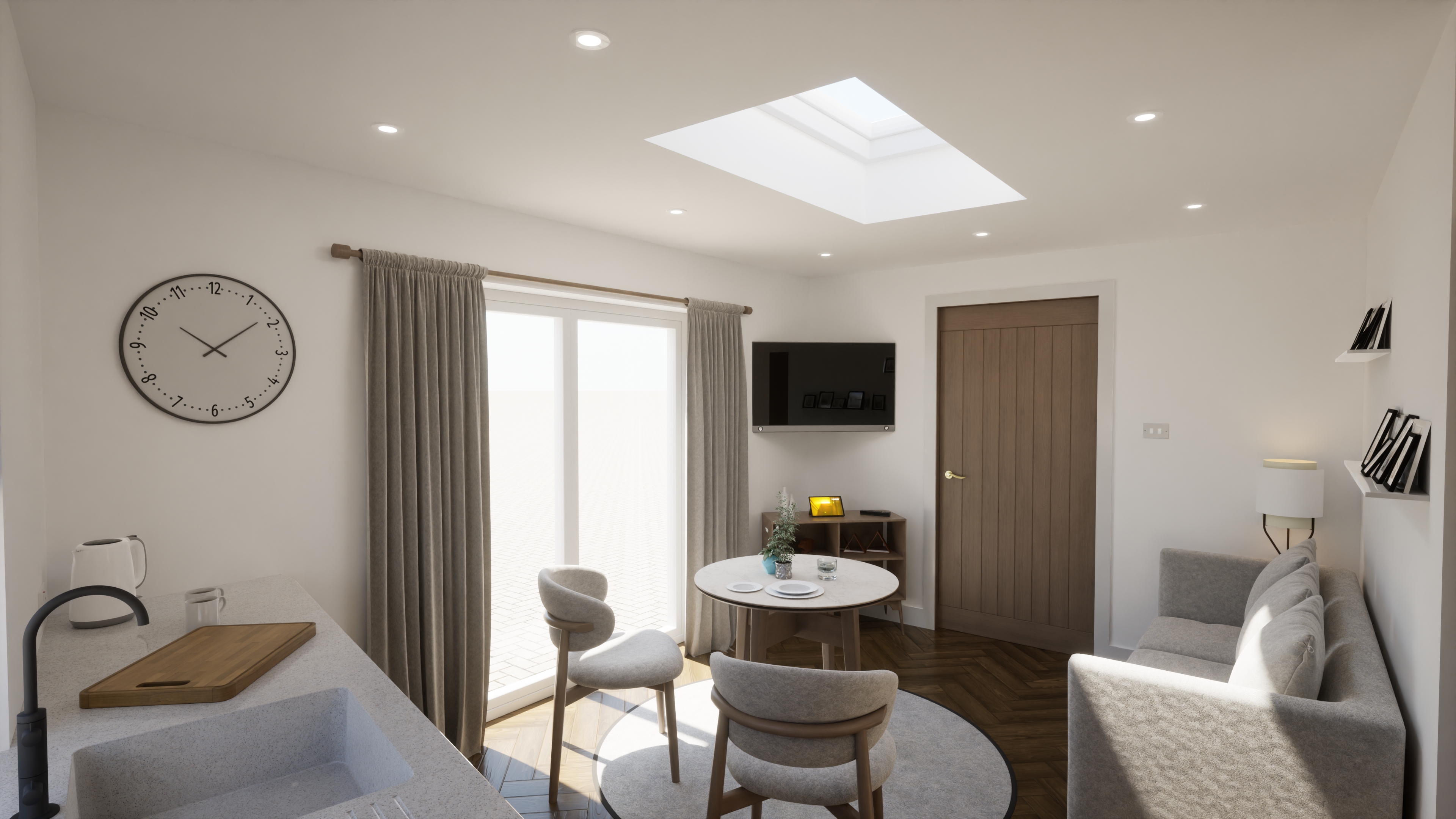 Arch/FORM — Interior Perspective of Side and Rear Wrap around home extension project. Modern interior - Open Plan Kitchen and Living, Roof Light, En-suite - Warto