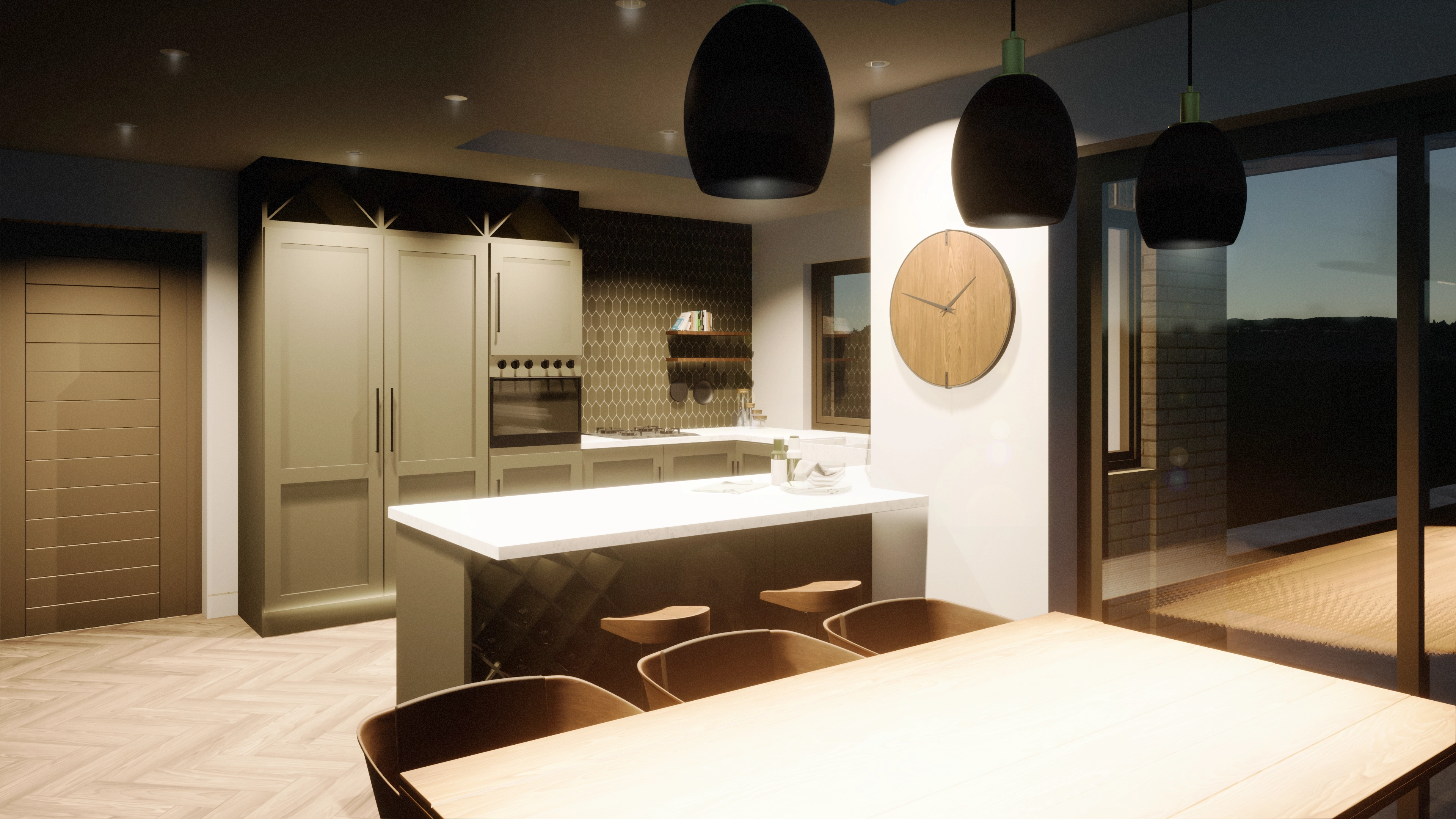 Arch/FORM — 3D Render - Kitchen Extension with Roof Light, Sliding Doors and Windows Open Plan Kitchen and Dining - House Extension and Remodel, Loughborough, Lei