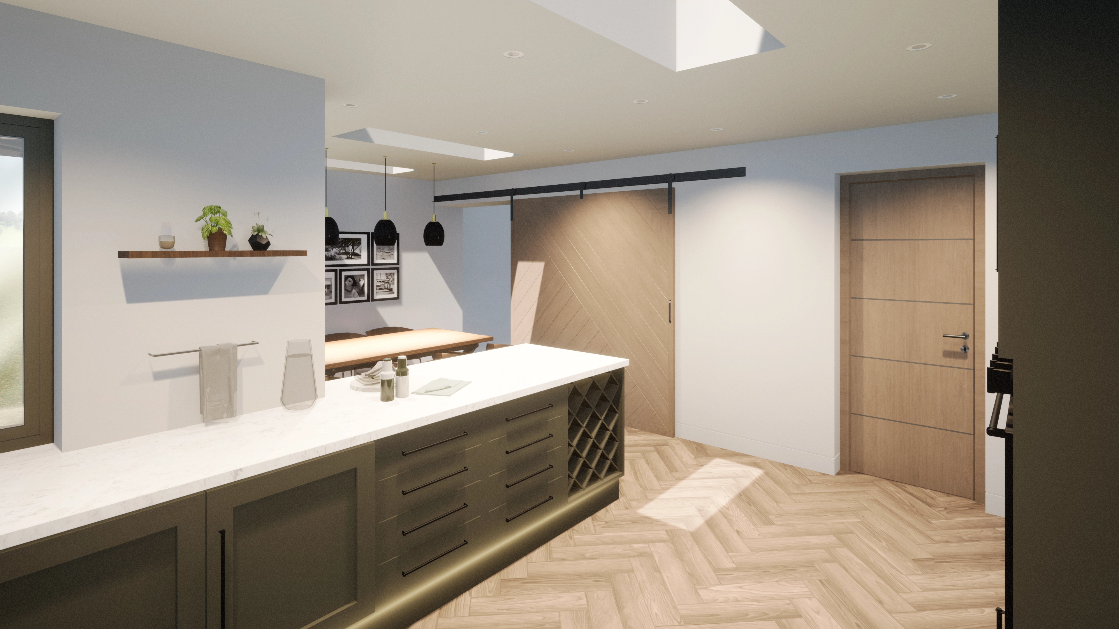 Arch/FORM — 3D Render - Kitchen Extension with Roof Light, Sliding Doors and Windows Open Plan Kitchen and Dining - House Extension and Remodel, Loughborough, Lei