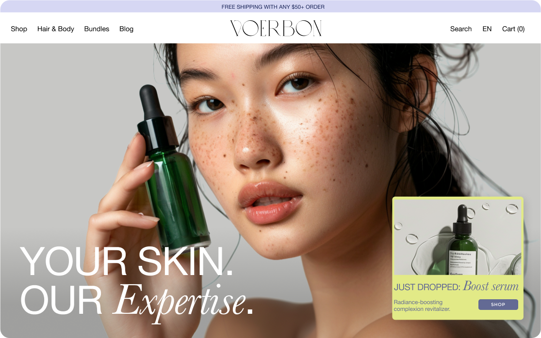 Alt text:   Screenshot of a fictitious cosmetic company’s website named Voerbon featuring a person holding a green serum bottle with the text "YOUR SKIN. OUR Expertise." A product highlight section at the bottom right advertises the "Boost serum" for radiance-boosting complexion revitalization with a "SHOP" button.