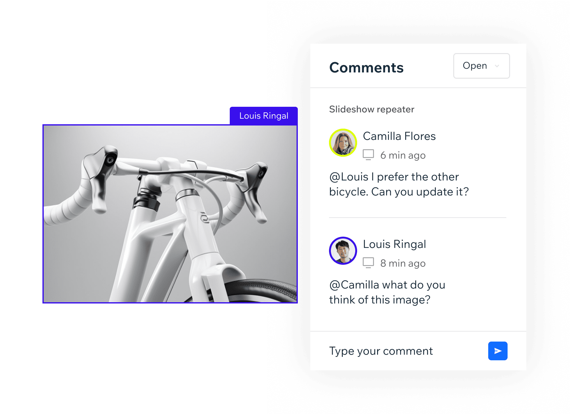 An online store for bicycles. There are avatars showing 3 collaborators working on the same site at the same time.