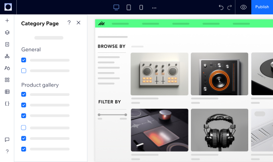 Les paramètres backend de la page de catégorie d'un site Web de musique, avec des cases à cocher pour choisir quels éléments afficher sur le site une fois publié. Parallèlement, la page de catégorie du site publié affiche différents types d'équipements audio, avec des options pour filtrer par article ou par prix.