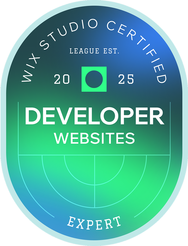 Wix Studio Certified Web Designer badge with gradient background and 2025 League emblem
