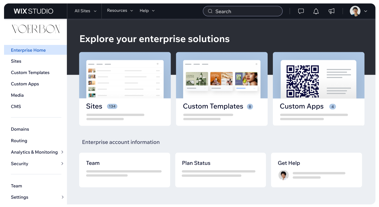 Screenshot of a webpage from Wix Studio titled "Explore your enterprise solutions" showcasing various options such as Sites, Custom Templates, Custom Apps, and more. The sidebar includes navigation links for Enterprise Home, Sites, Custom Templates, Custom Apps, Media, CMS, and other categories. The bottom section includes options for Team, Plan Status, and Get Help.