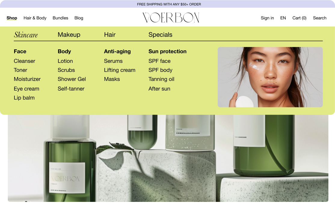 Screenshot of a fictitious cosmetic company’s website named Voerbon. It shows clean, green-styled skincare products. The menu bar lists categories: Skincare, Makeup, Hair, and Specials.