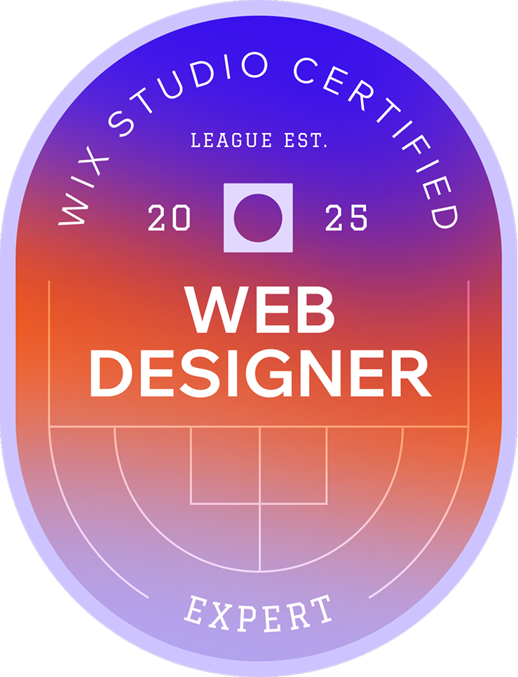 Wix Studio Certified Web Designer badge with gradient background and 2025 League emblem