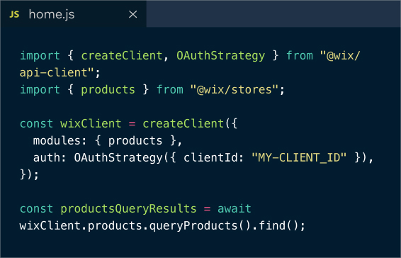 Une section de code pour ajouter l'infrastructure de e-commerce Wix à une autre plateforme en fonctionnalité headless.