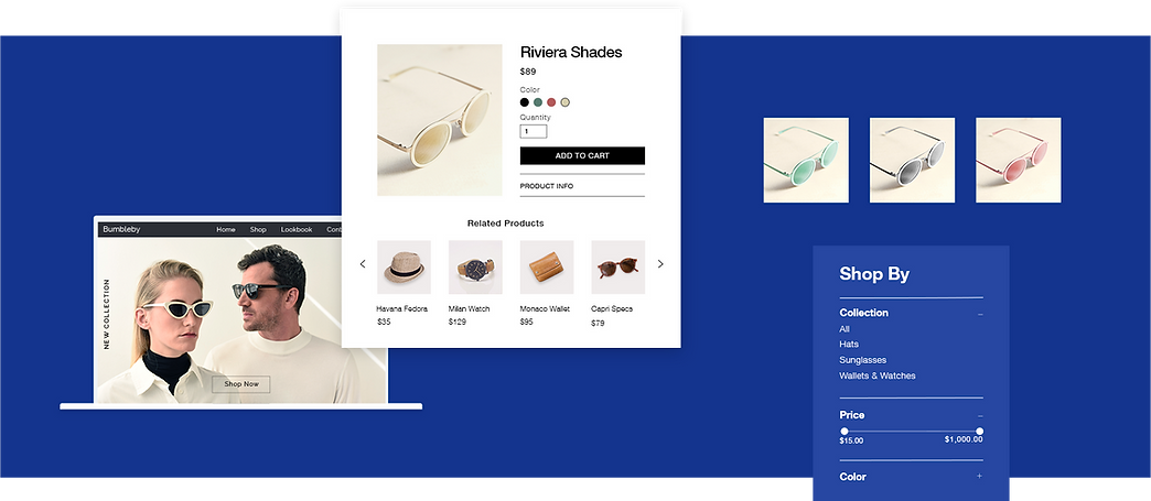Online accessories store displaying storefront, product page and filter by product variant.