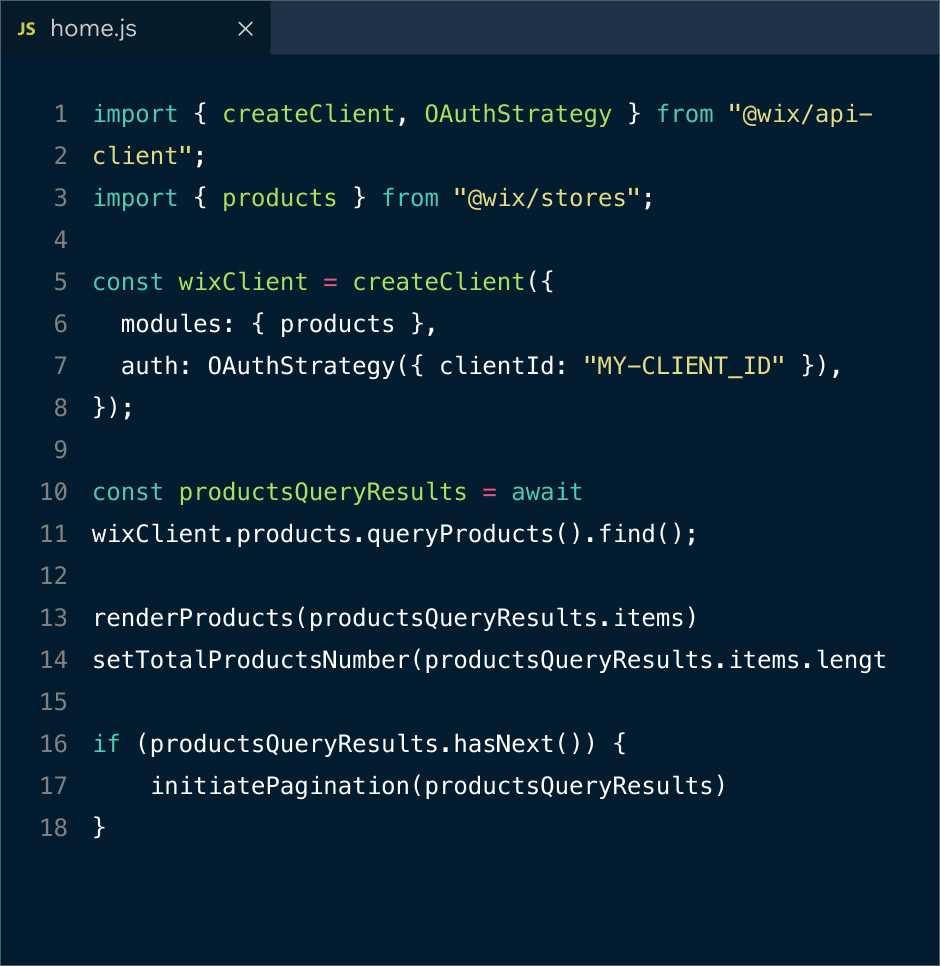 Une section de code pour ajouter l'infrastructure de e-commerce Wix à une autre plateforme en fonctionnalité headless.