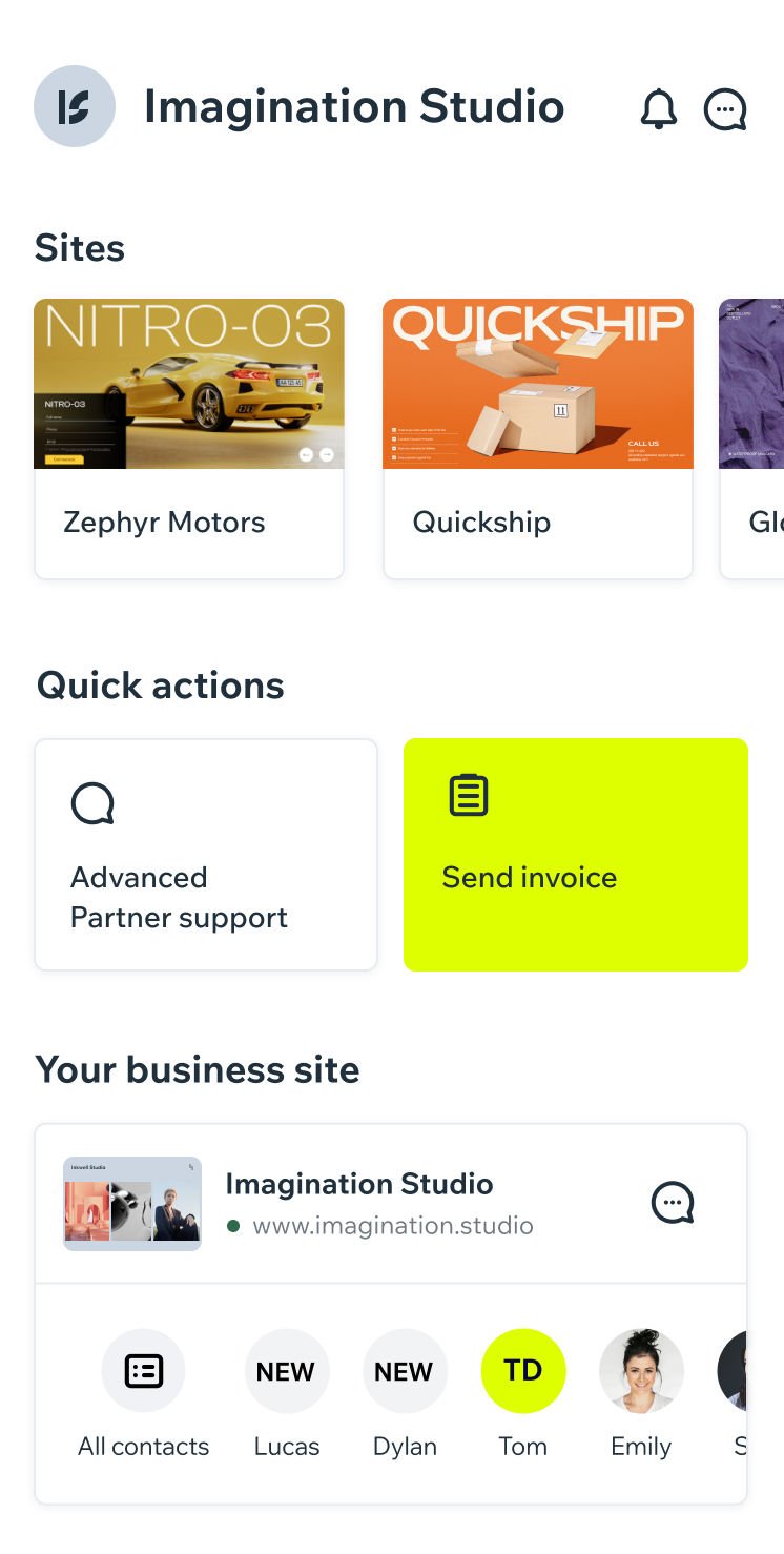 Die Wix Studio-App. Kürzlich erstellte Websites und Schnellaktionen für den personalisierten Support für Partner:innen sowie für den Versand von Rechnungen sind verfügbar.