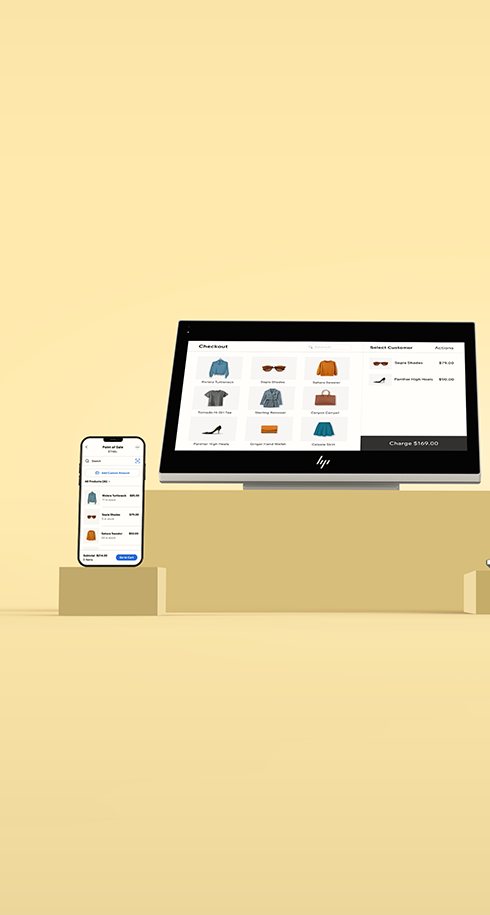 Yellow background with Wix POS solutions: sell online, in-store and on the go from your desktop, Wix POS tablet or Wix POS Mobile.