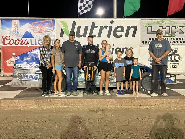 A picture of Dakota Sproul in victory lane at the RPM Speedway, in Hays, Kansas!