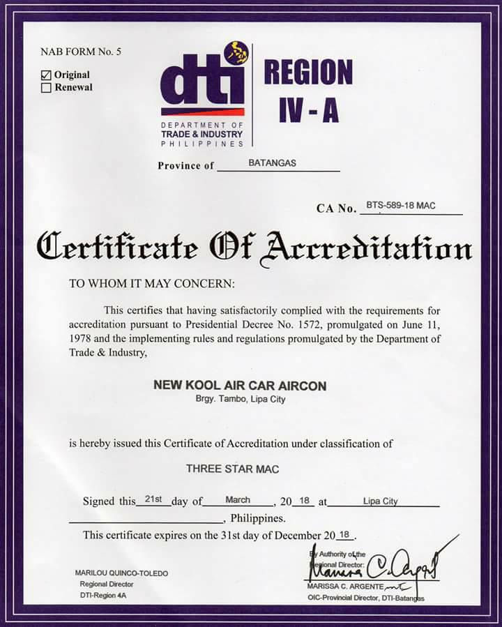 DTI Certificate of Accreditation
