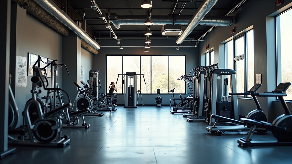 Wide angle view of a modern fitness studio with diverse workout equipment