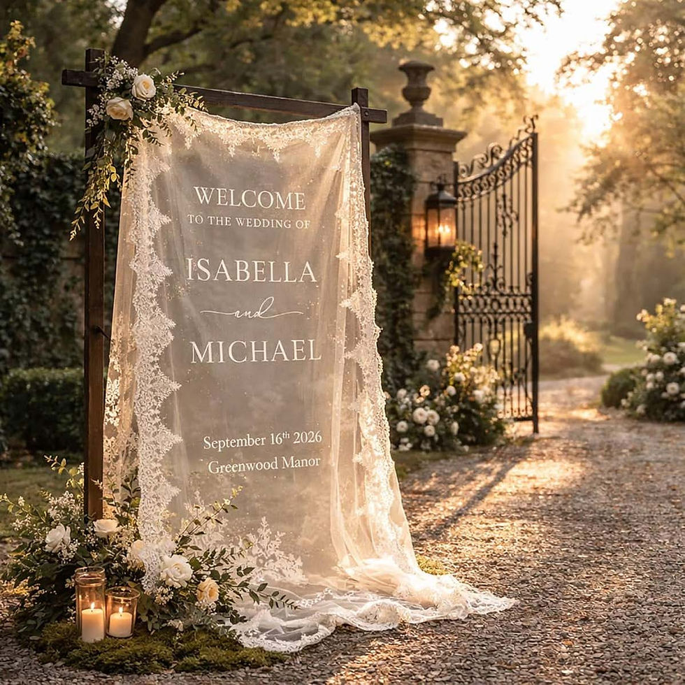 Custom wedding welcome display with flowing fabric, floral accents, and elegant event décor