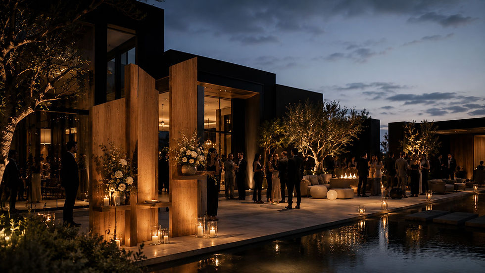 Custom-built wooden event installation with candlelight, floral arrangements, and luxury outdoor event design
