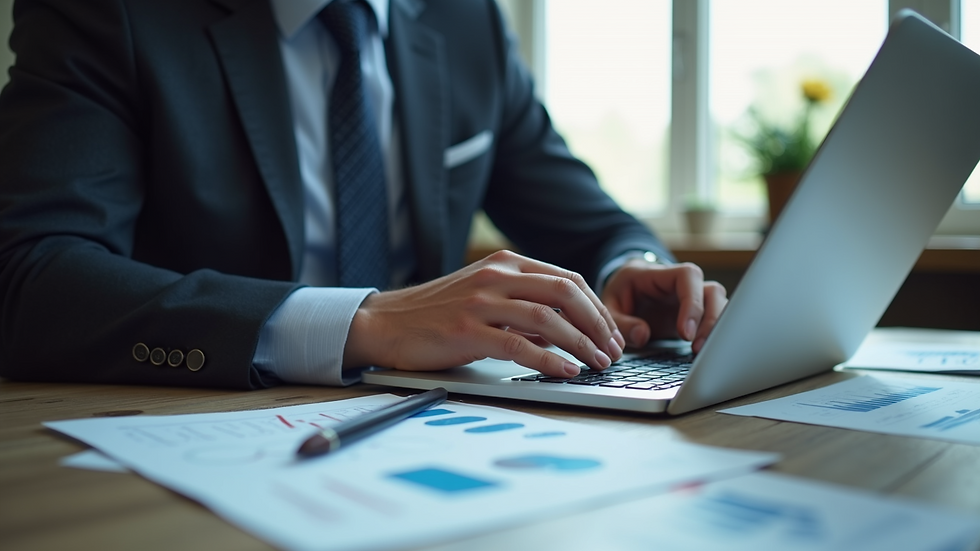 Eye-level view of a financial advisor analyzing charts on a laptop