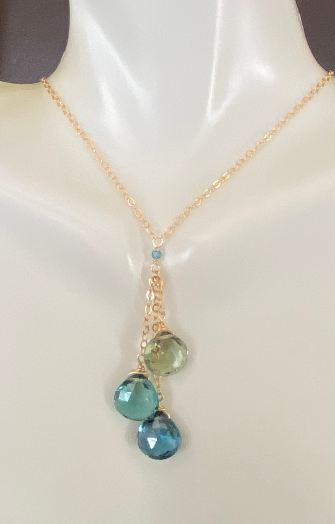 Green amethyst, blue topaz and London blue topaz gold necklace 
