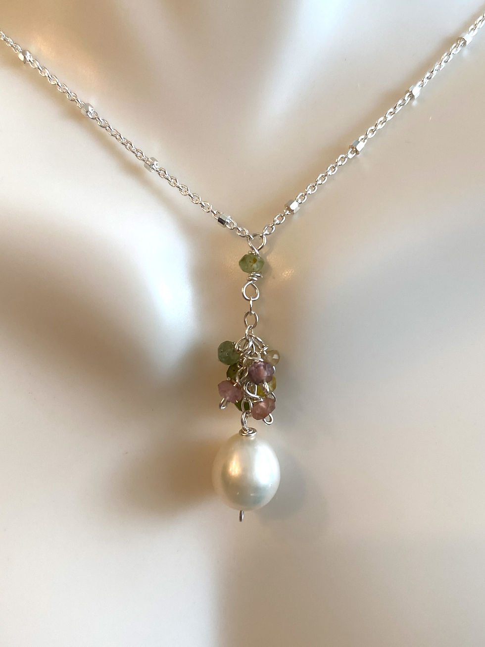 Fresh water pearls with watermelon tourmaline rondelles cascading on sterling