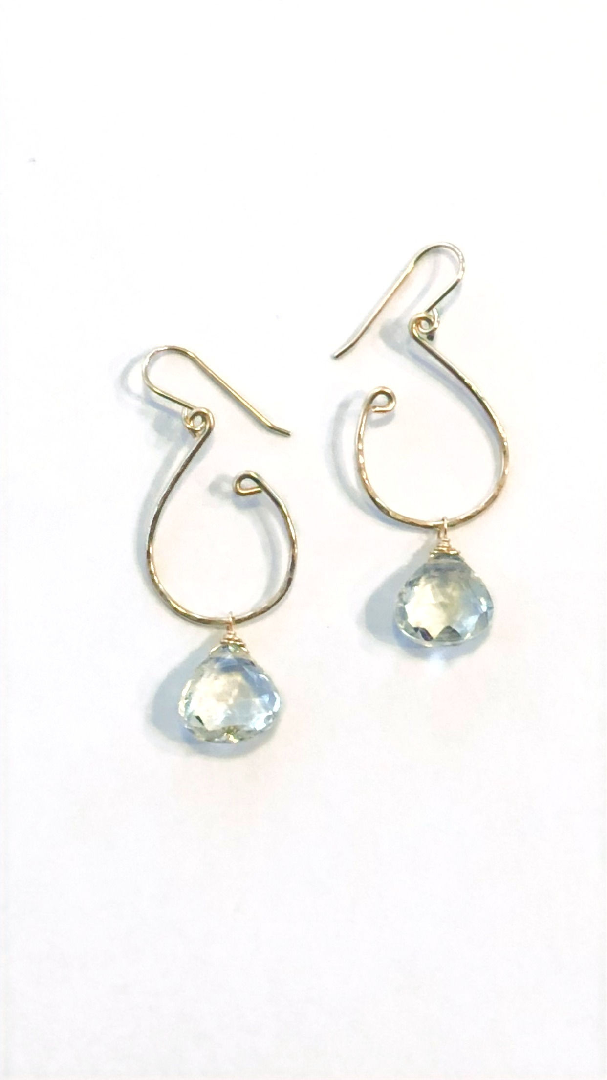 Green Amethyst Earrings in 14kt GF Hand Forged Textured Gold Hoops