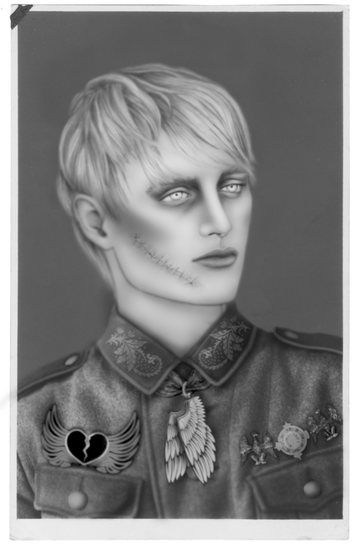 “Winter with appropriated medals and brooches” (character inspired by Hans) from Chapter 3, Hide & Seek in Blind Love [During the Madness] | mixed media illustration | © 2017­ by Lavavoth