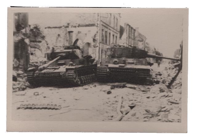 Knocked out Panzers at a battle in a city, c. 1940s. Stuart Archive.