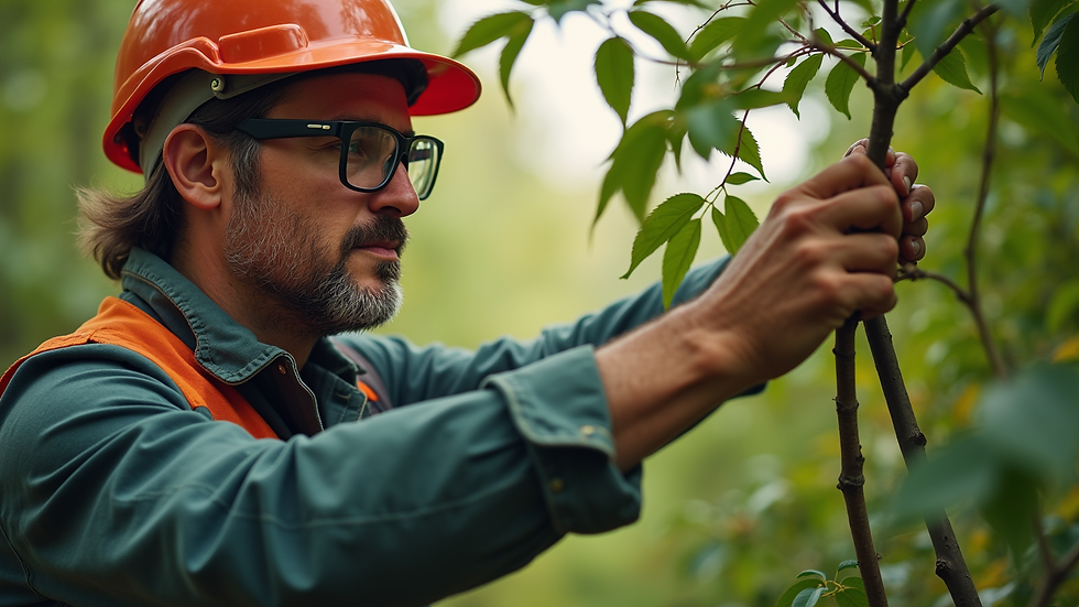 Close-up view of a professional arborist inspecting tree health