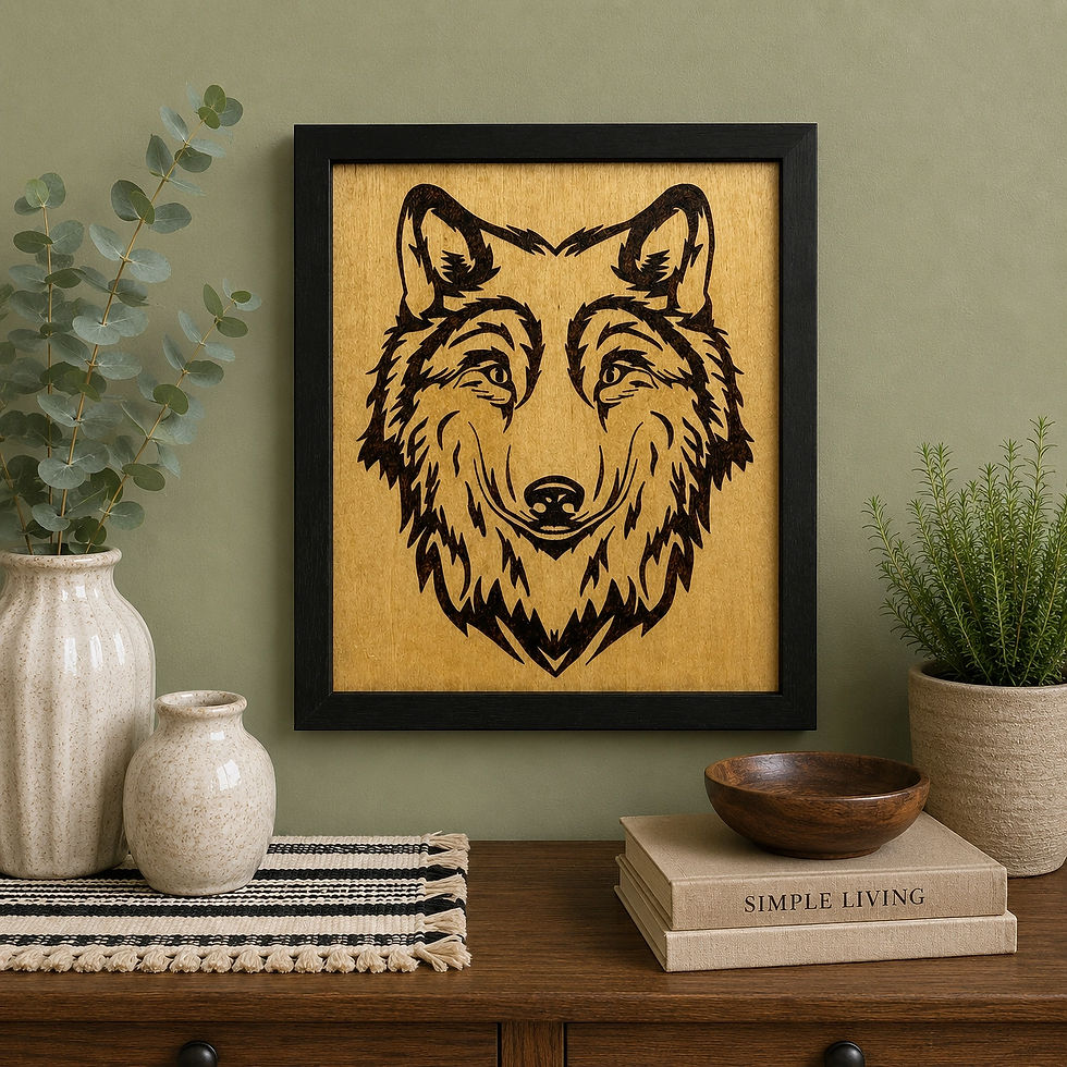 Hand-burned wolf sign on stained birch wood in a black frame