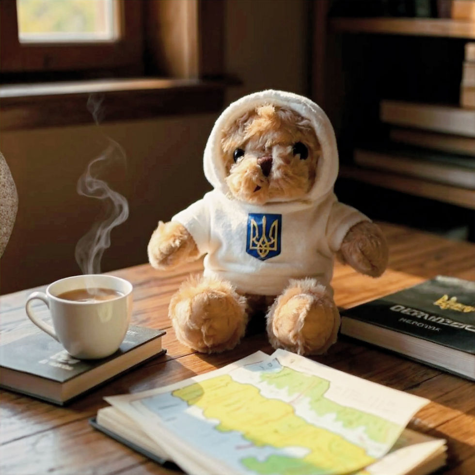 Plush Ukrainian teddy bear with removable white fleece hoodie and Tryzub patch