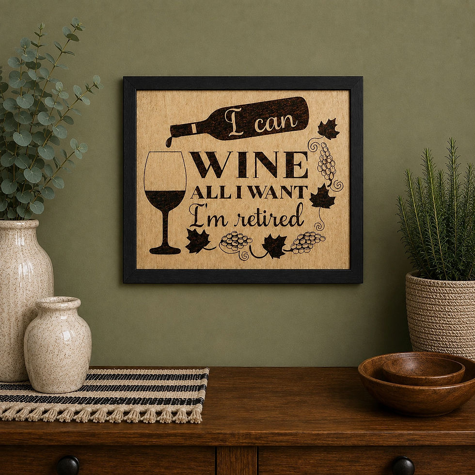 Hand-burned retirement wine sign on stained birch wood with black frame.