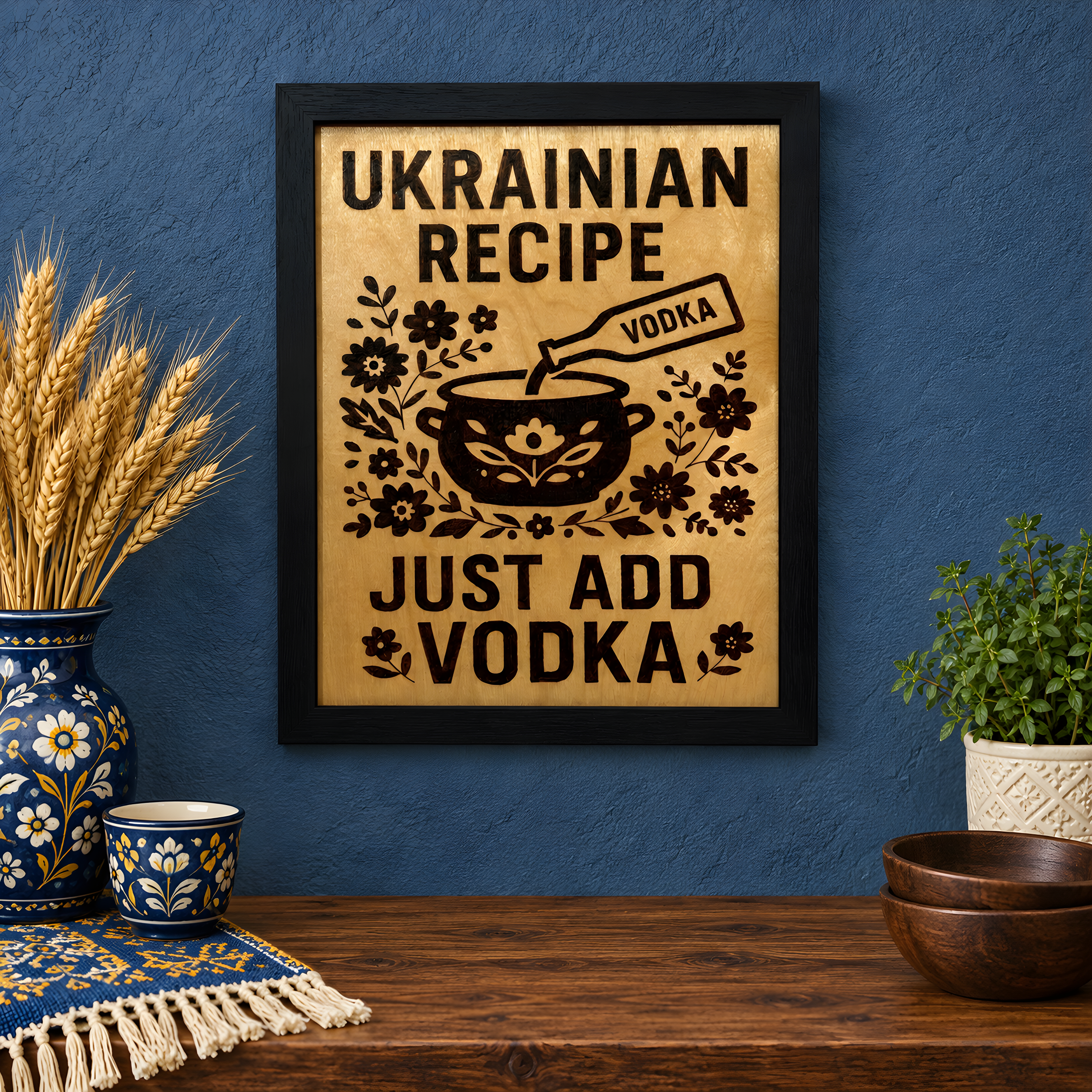 Funny Ukrainian vodka recipe gift sign hand burned into birch wood with a black wood frame.