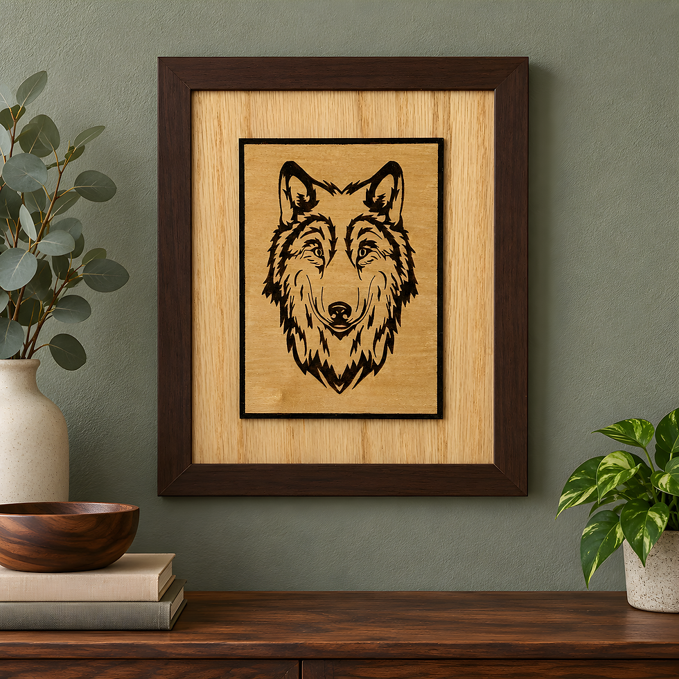 Handmade wolf wood sign featuring a hand burned portrait on raised honey stained birch with natural oak backing and a brown w