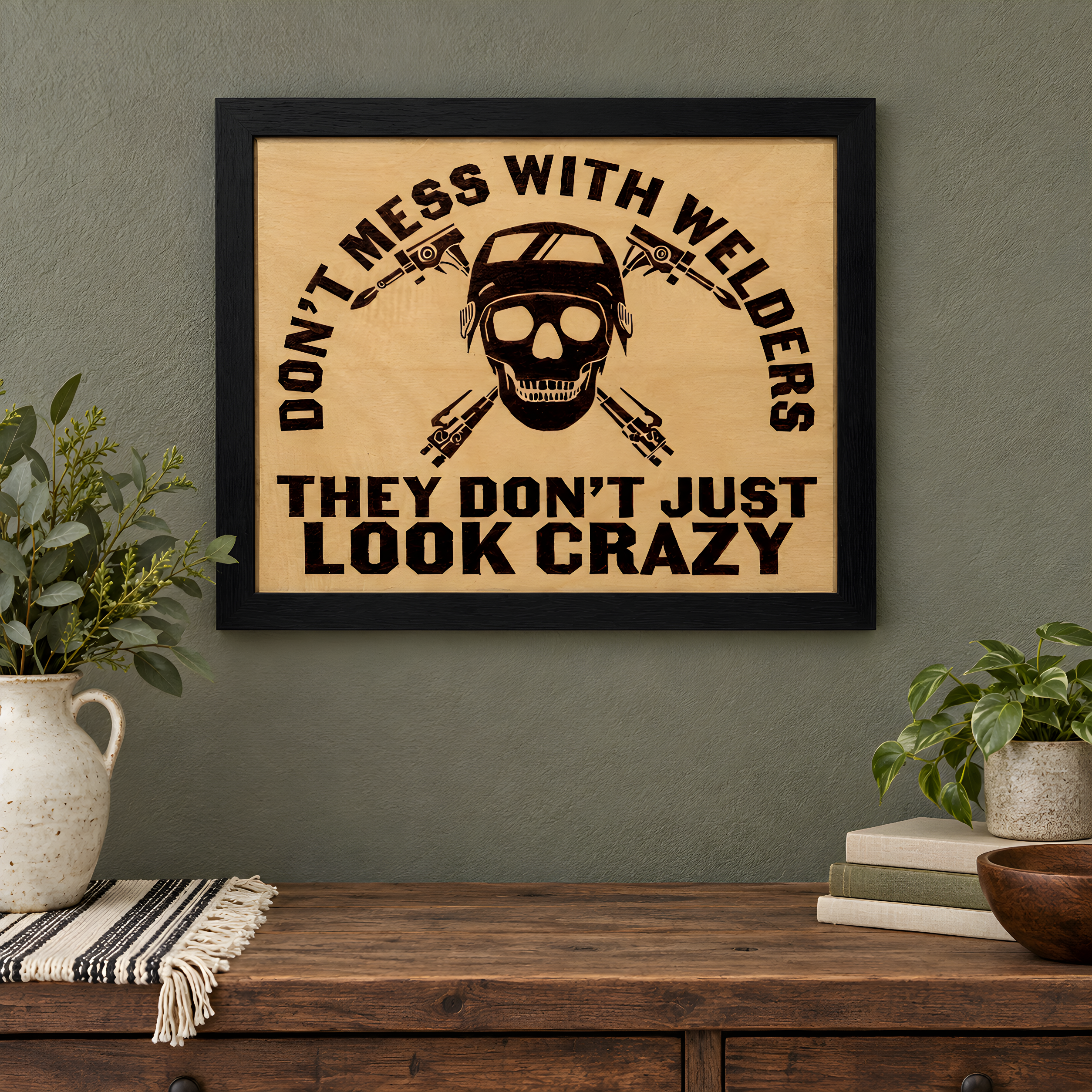 Welder welding workshop humorous gift sign hand-burned into framed birch wood.