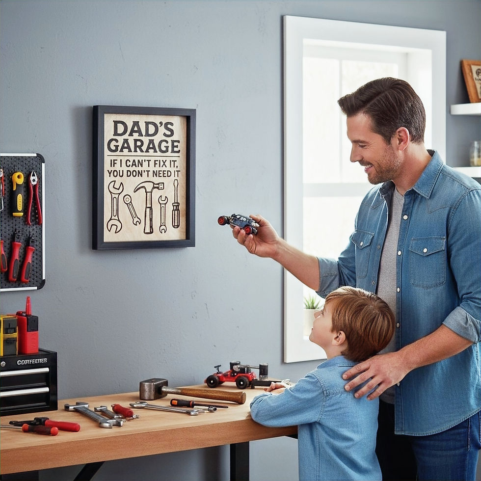 Thumbnail: Rustic mechanic gift idea sign hanging in a garage, with dad and son working together surrounded by tools and toy cars.