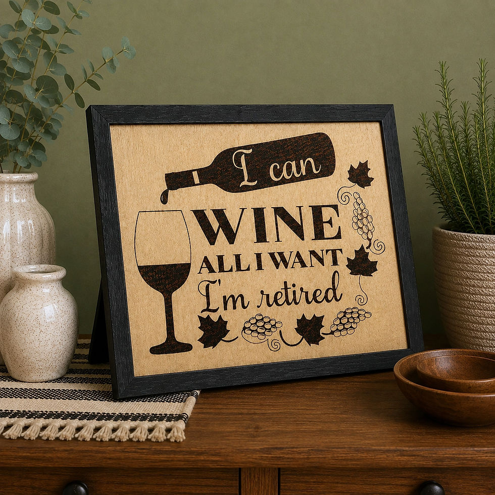 Hand-burned retirement wine sign on stained birch wood with black frame.