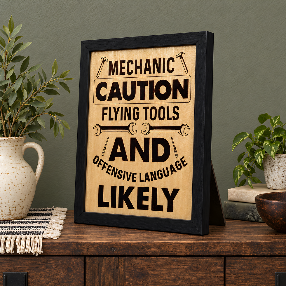 Mechanic garage tools humorous gift sign hand-burned into framed birch wood.
