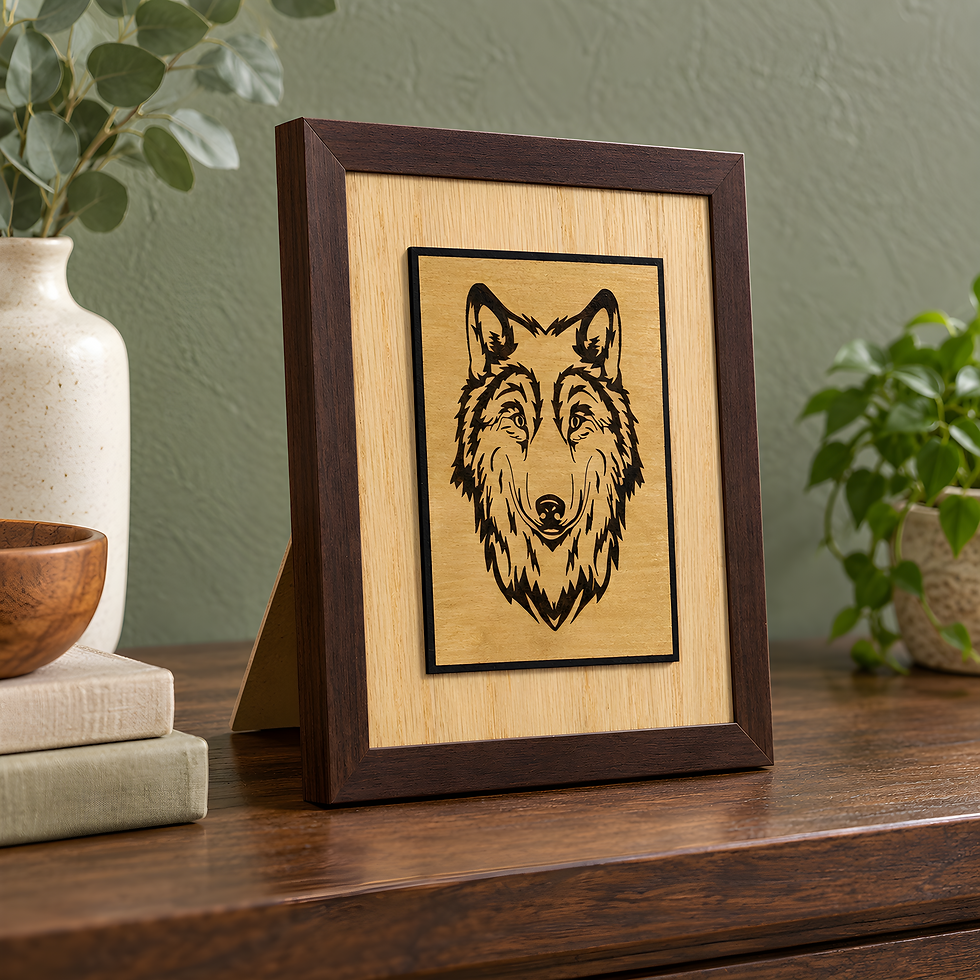 Handmade wolf wood sign featuring a hand burned portrait on raised honey stained birch with natural oak backing and a brown w