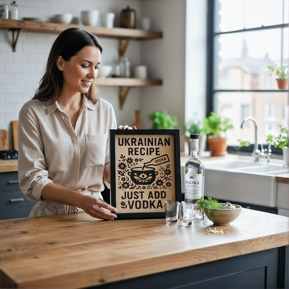 Thumbnail: Ukrainian Recipe Just Add Vodka wood-burned sign in black frame, 8x10 funny kitchen décor.