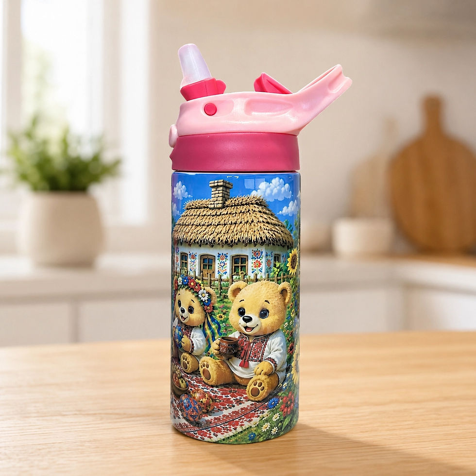 Five 12 oz Ukrainian kids stainless steel water bottles with colourful wrap-around artwork by Silver Bends.