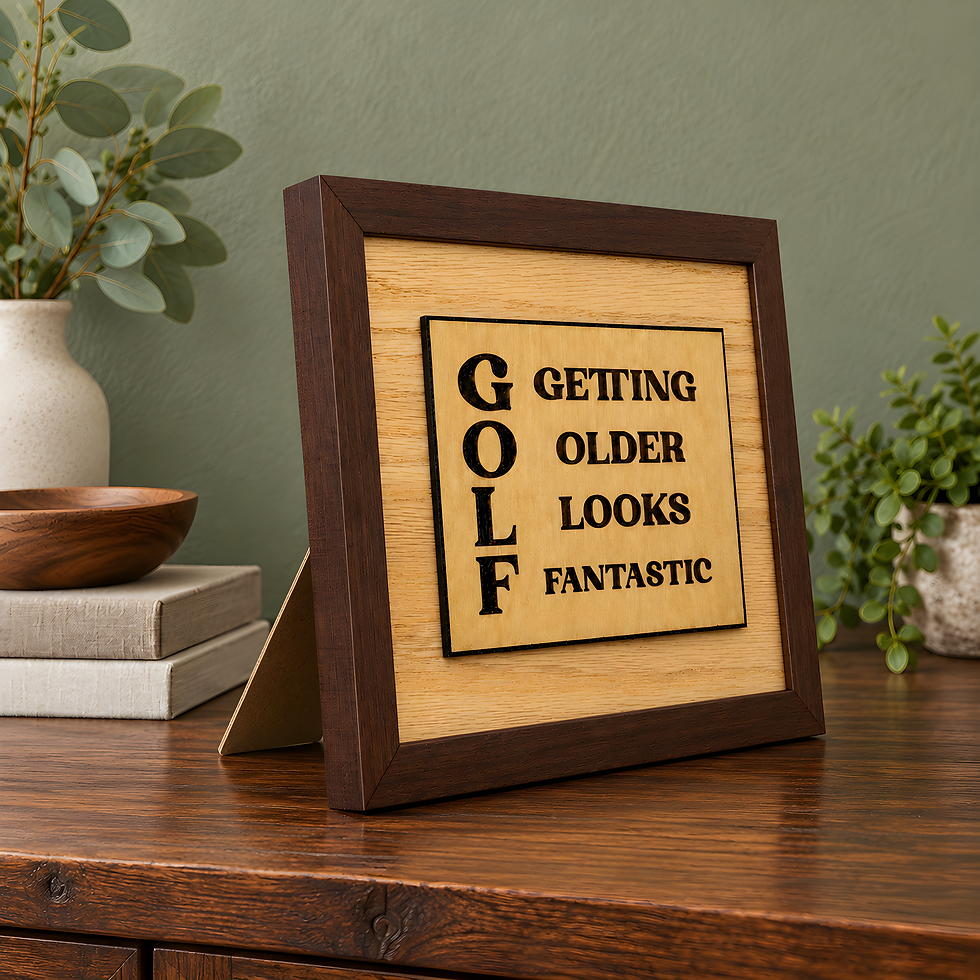 Brown framed golf wood sign with Getting Older Looks Fantastic lettering and raised birch artwork against a sage green wall.