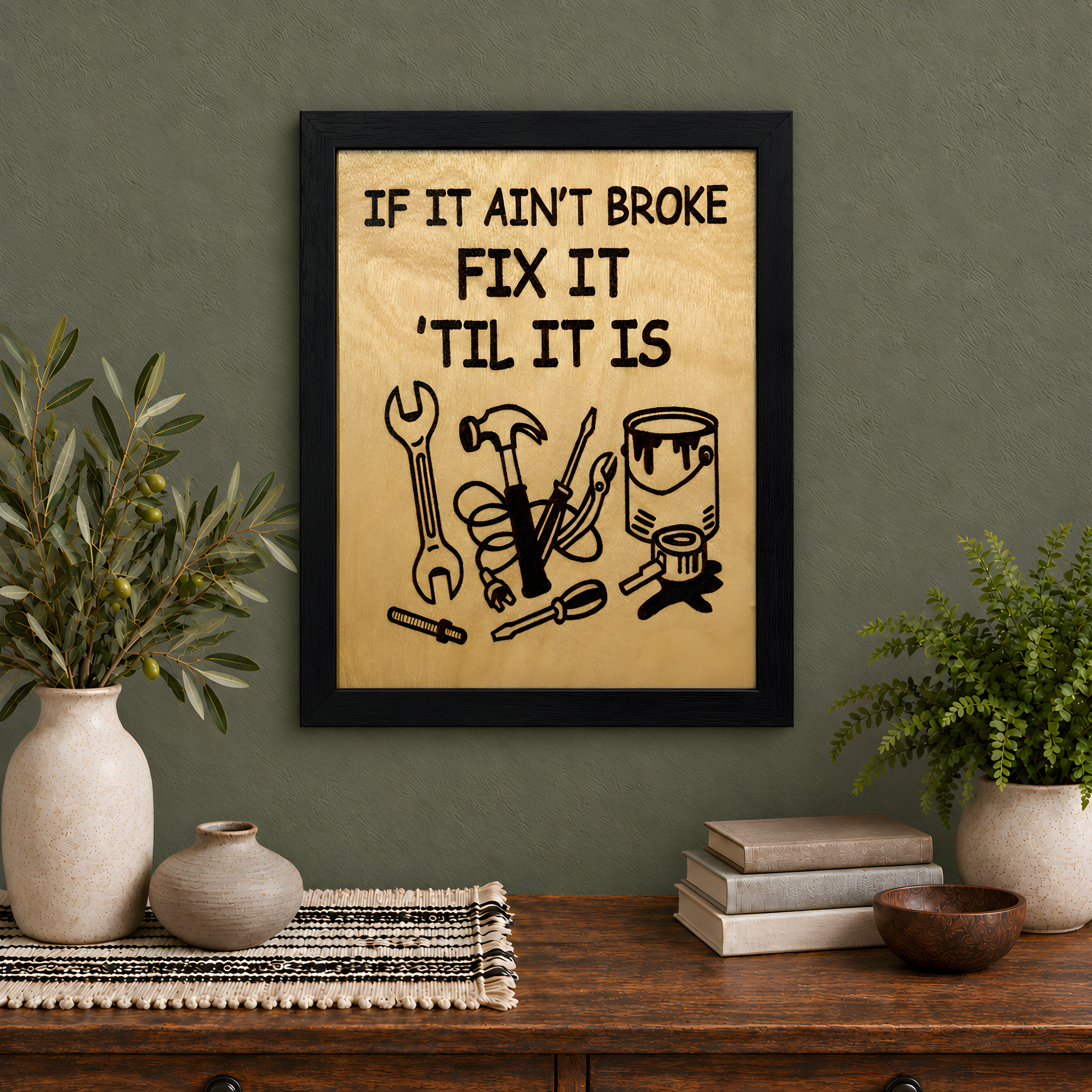 Garage workshop tools handyman gift hand-burned into framed birch wood with humorous repair saying.