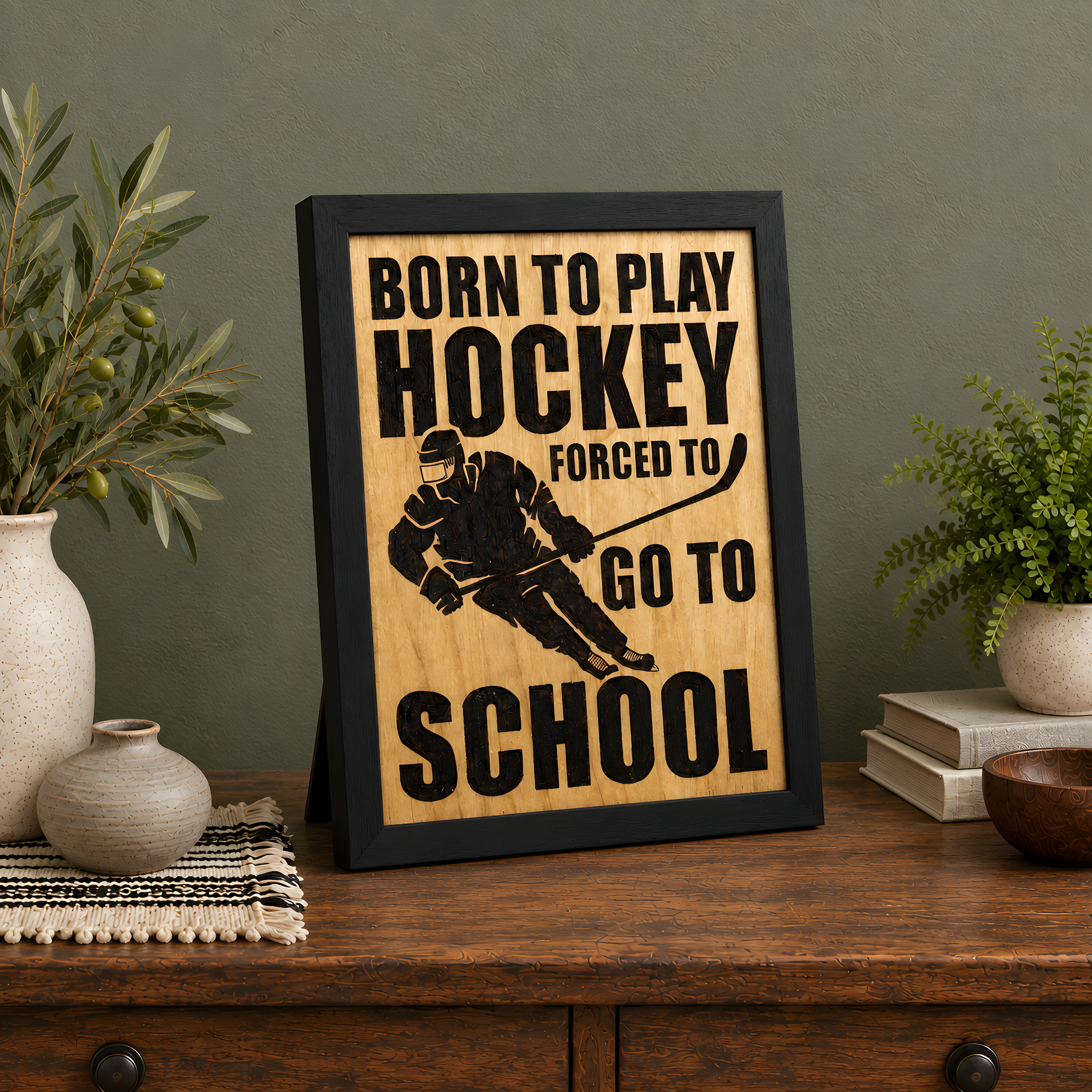 Hockey player school student gift sign hand-burned into framed birch wood with a skating player.