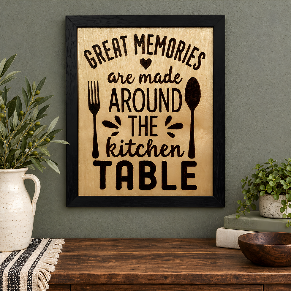 Family kitchen memories table gift sign hand-burned into framed birch wood with fork and spoon artwork.
