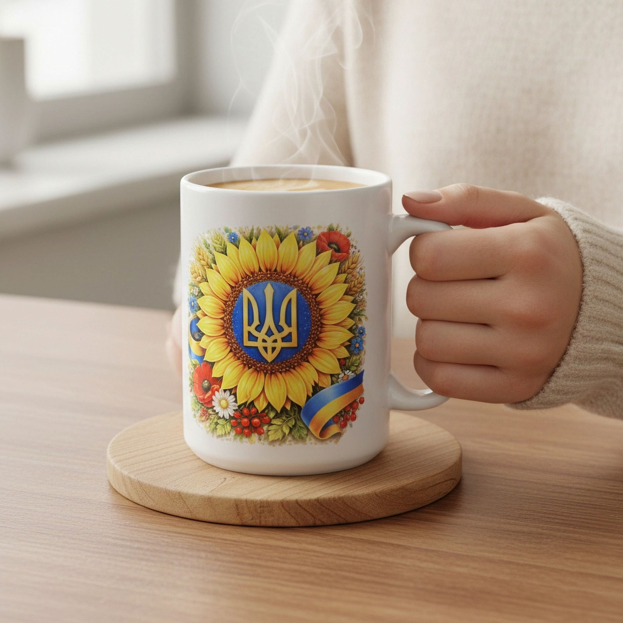 15 oz ceramic Ukrainian sunflower Tryzub mug with blue and yellow ribbon and folk floral design on wooden table