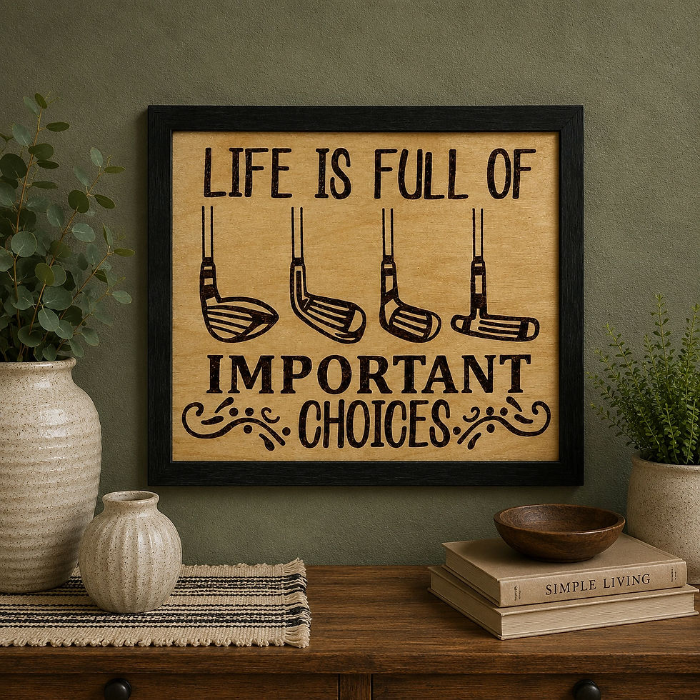 Hand-burned golf sign featuring four golf clubs and Life Is Full of Important Choices in a black frame.