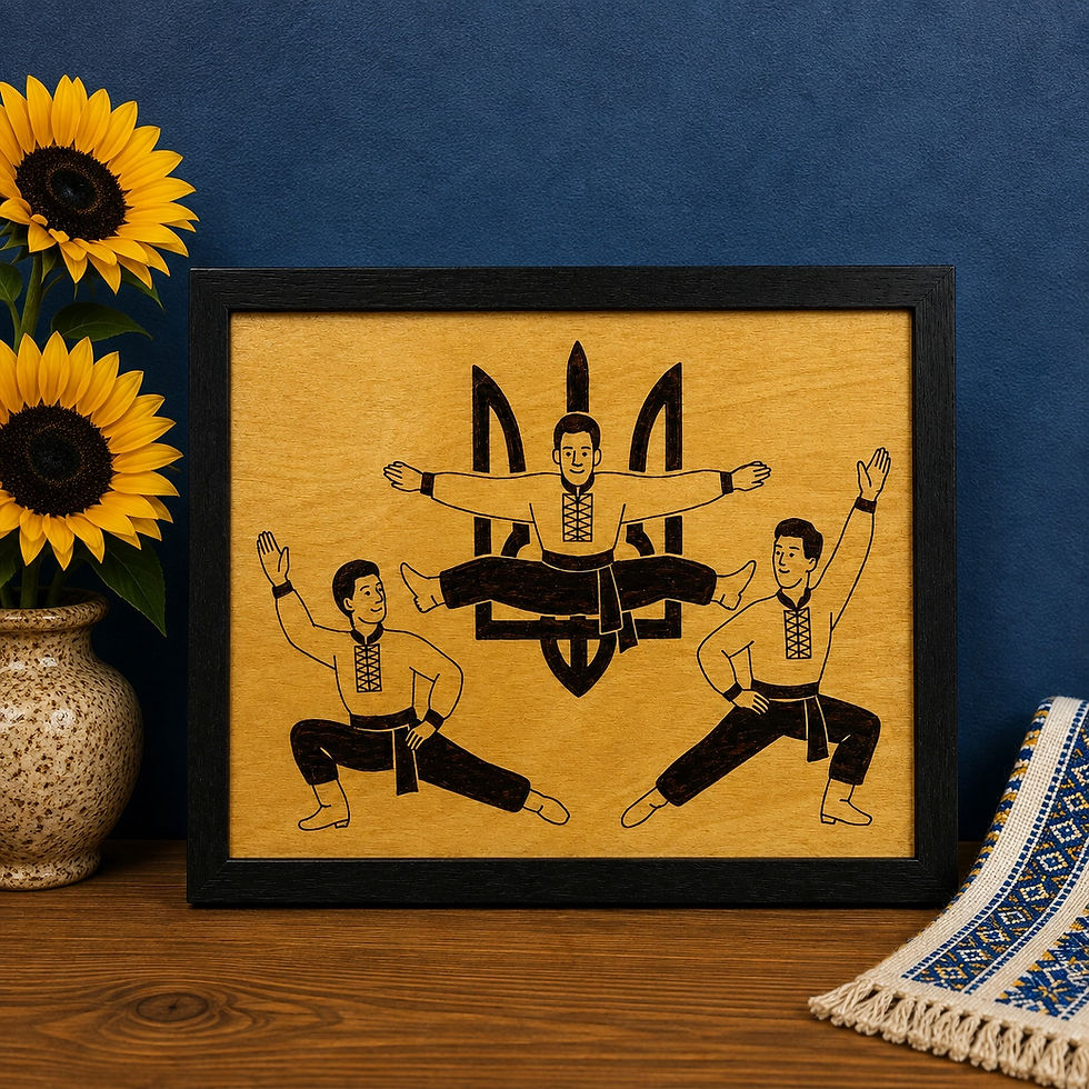Hand-burned Ukrainian dancers and Tryzub sign on stained birch wood.